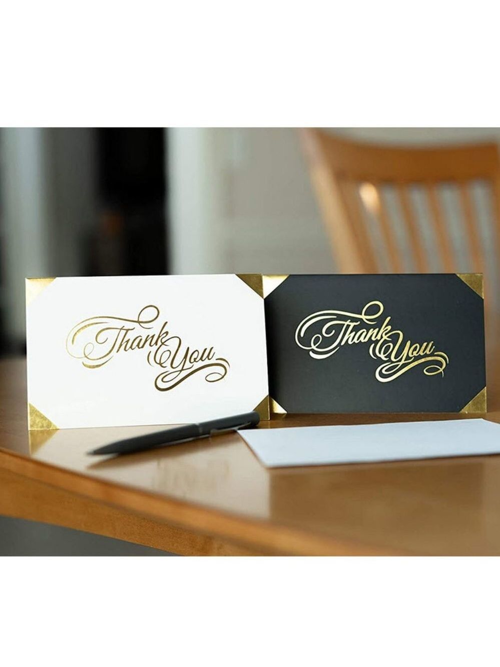 100 Thank You Cards Black, white with gold foil & gold foil sticker seals